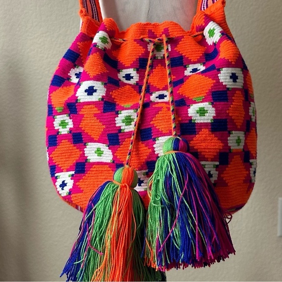 Wayuu Mochila Colombian Handbag Bucket Style Gaza Palete Bright Orange Brand New - Picture 10 of 16